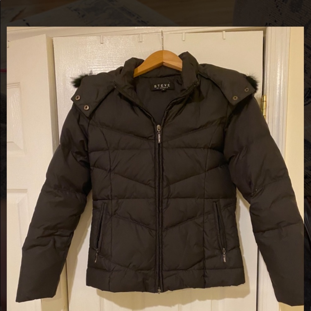 Steve by Searle Black Down Fur Trim Hood PufferJacket EUC Size Small $99